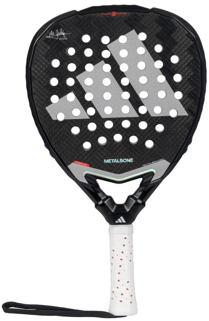 The adidas Metalbone 3.4 Padel Racket features a black frame with white and gray accents, circular holes, a white grip with red dots, and a black wrist strap—engineered for advanced power and top-level performance.
