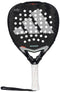 The adidas Metalbone 3.4 Padel Racket features a black frame with white and gray accents, circular holes, a white grip with red dots, and a black wrist strap—engineered for advanced power and top-level performance.