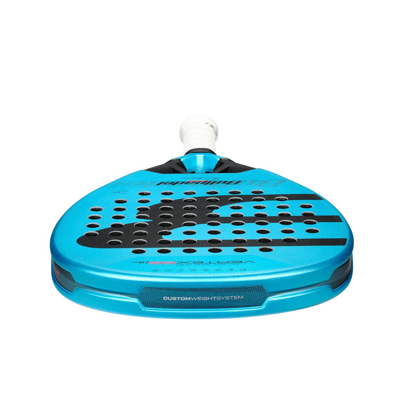 The Bullpadel Vertex 05 W 2026 Padel Racket features a blue face with black perforations, a white handle, and offers top performance—perfect for players aiming to play like the pros.