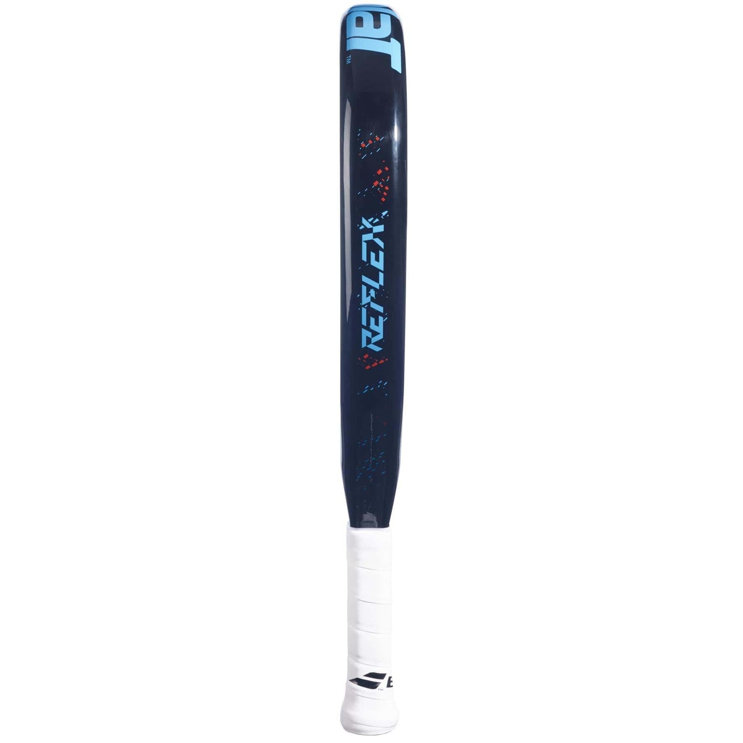 The Babolat Reflex Padel Racket features a bold, diamond-shaped design with blue and red accents, inspired by dynamic baseball bats, and showcases the "REFLEX" name on its barrel.