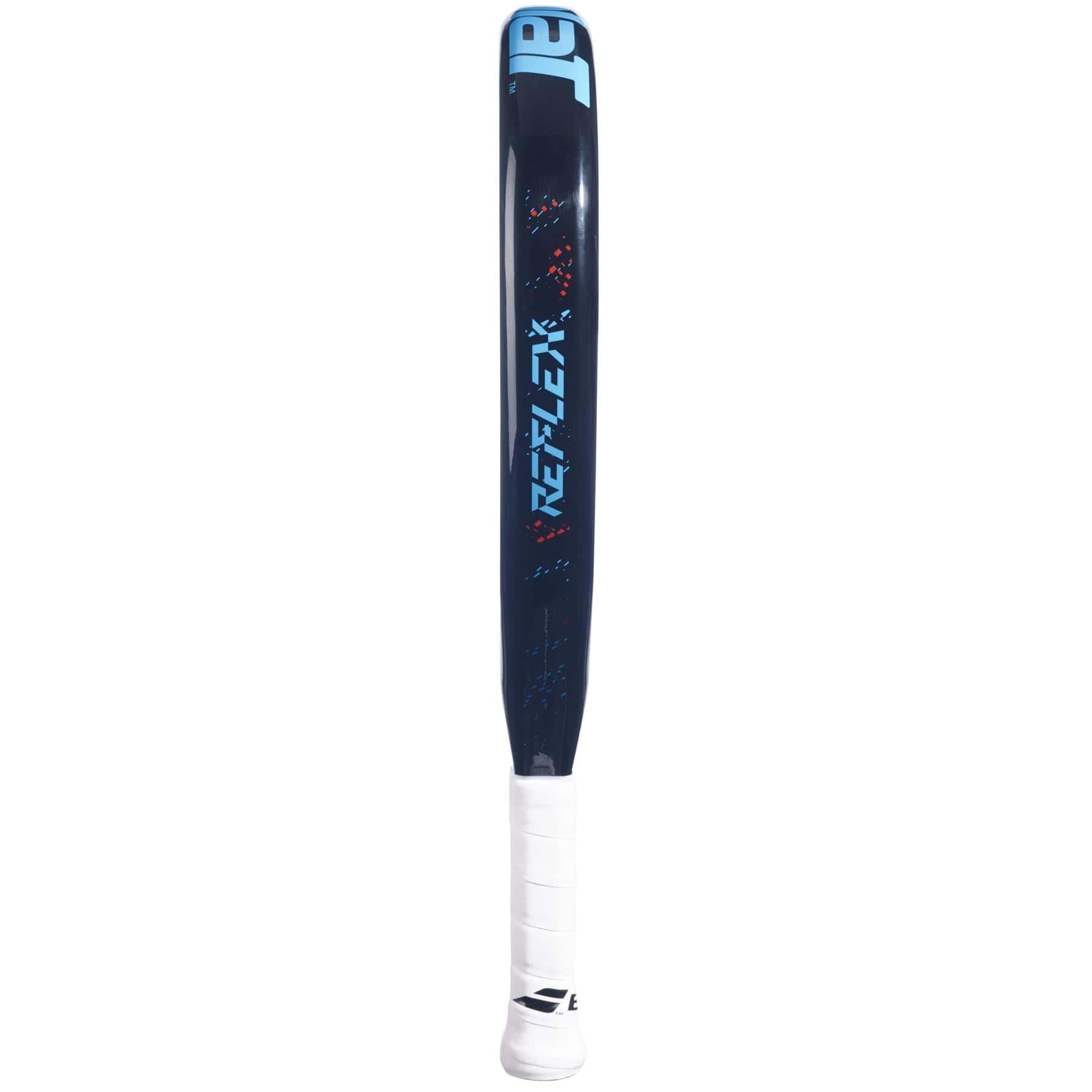 The Babolat Reflex Padel Racket features a bold, diamond-shaped design with blue and red accents, inspired by dynamic baseball bats, and showcases the "REFLEX" name on its barrel.