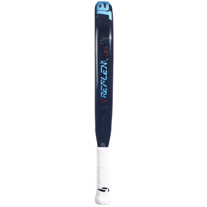 The Babolat Reflex Padel Racket features a bold, diamond-shaped design with blue and red accents, inspired by dynamic baseball bats, and showcases the "REFLEX" name on its barrel.