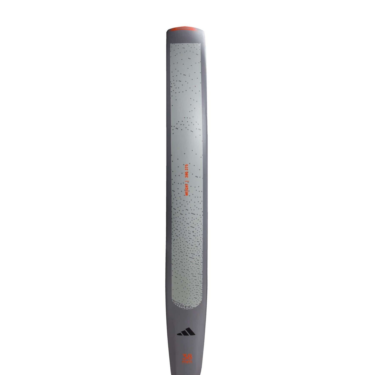 A close-up shows the adidas ADIDAS Drive Grey 3.4 Padel Racket, featuring a textured grip, subtle dot pattern, and orange-black accents, displayed vertically on a white background.