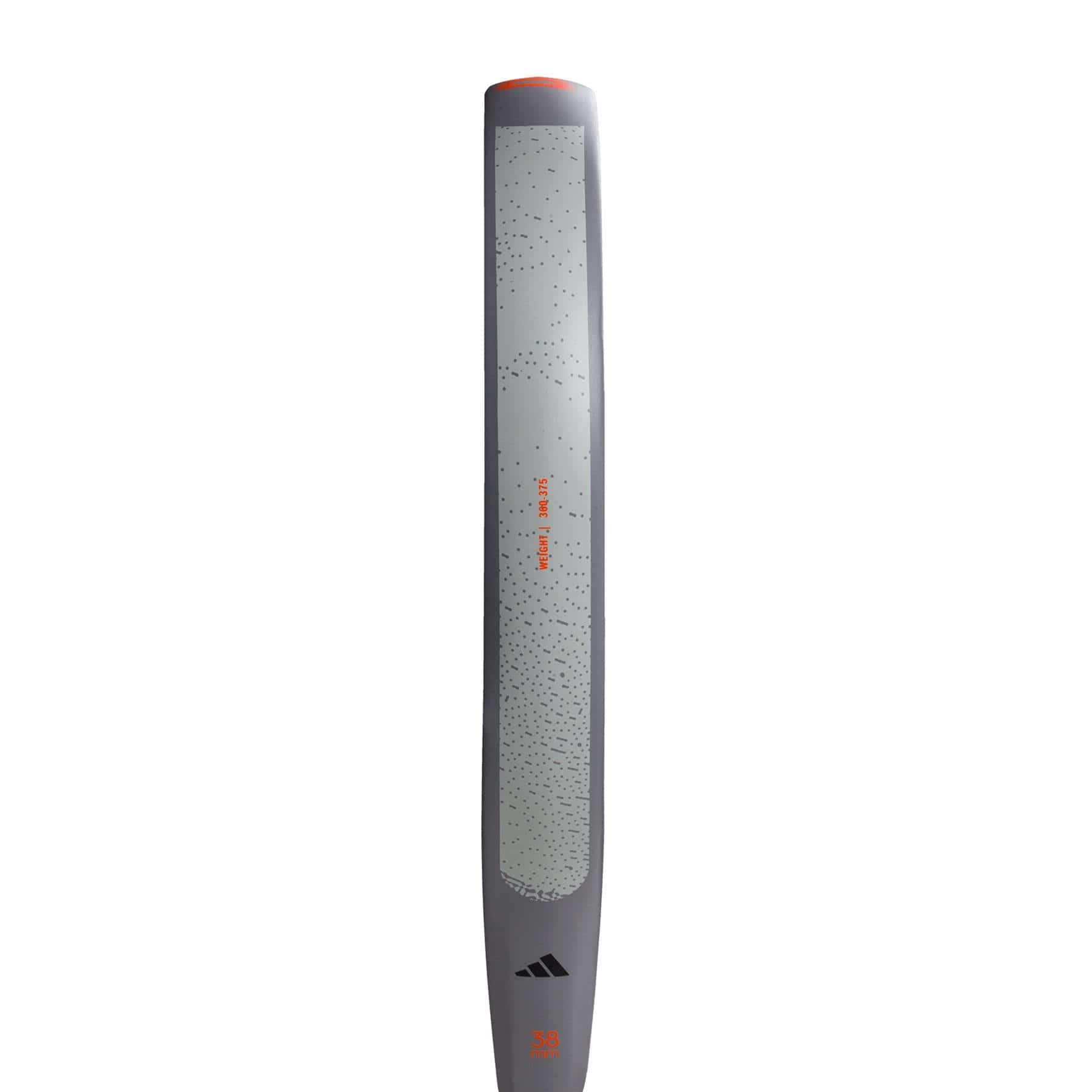 A close-up shows the adidas ADIDAS Drive Grey 3.4 Padel Racket, featuring a textured grip, subtle dot pattern, and orange-black accents, displayed vertically on a white background.