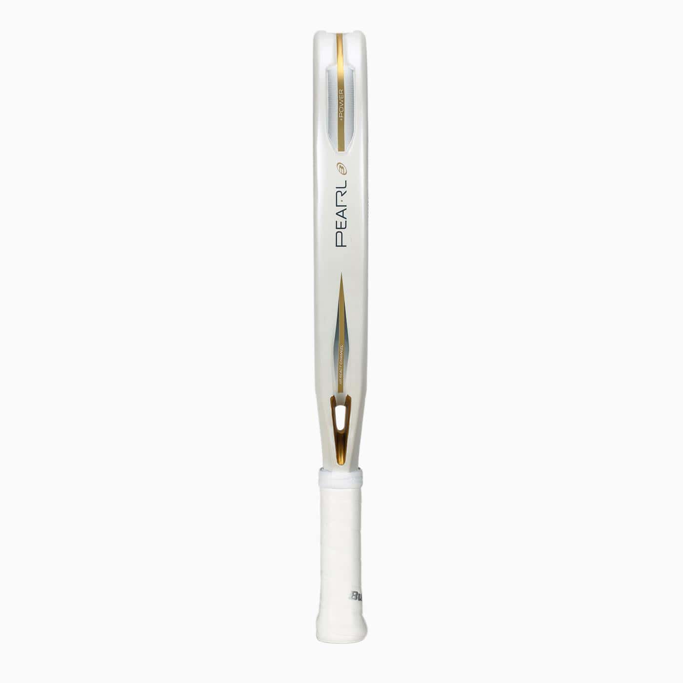 A Bullpadel Pearl 2026 padel racket stands upright on its handle, showcasing its slim profile and sleek gold and black details—designed for lightweight performance to help reduce arm fatigue during play.