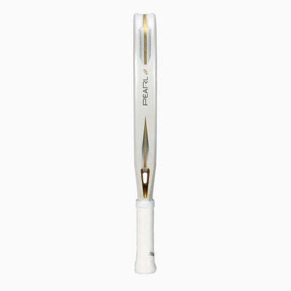 A Bullpadel Pearl 2026 padel racket stands upright on its handle, showcasing its slim profile and sleek gold and black details—designed for lightweight performance to help reduce arm fatigue during play.