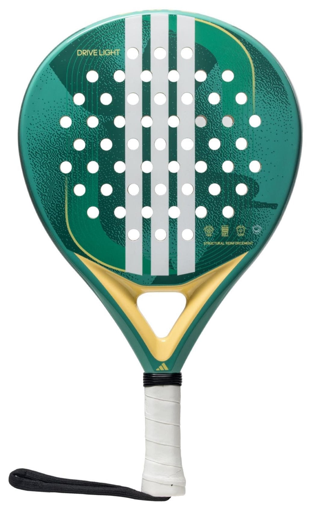 The adidas ADIDAS Drive Light 3.4 Padel Racket features green and yellow colors, white holes and stripes, a white wrapped handle with a black wrist strap, and "Drive Light" at the top—ideal for beginner padel players.