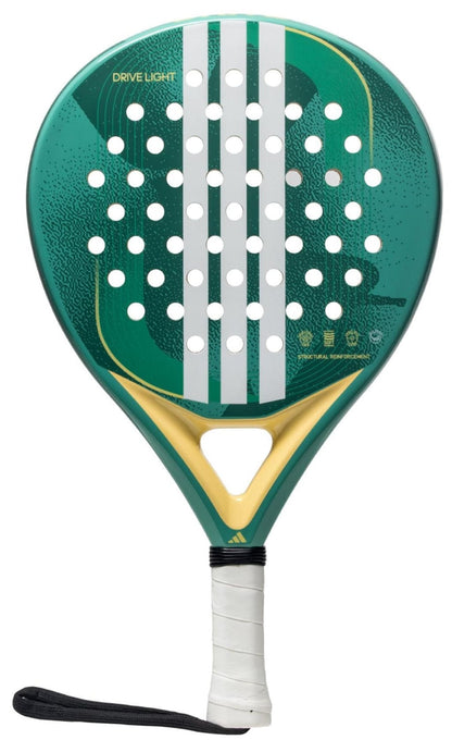 The adidas ADIDAS Drive Light 3.4 Padel Racket features green and yellow colors, white holes and stripes, a white wrapped handle with a black wrist strap, and "Drive Light" at the top—ideal for beginner padel players.