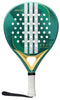 The adidas ADIDAS Drive Light 3.4 Padel Racket features green and yellow colors, white holes and stripes, a white wrapped handle with a black wrist strap, and "Drive Light" at the top—ideal for beginner padel players.