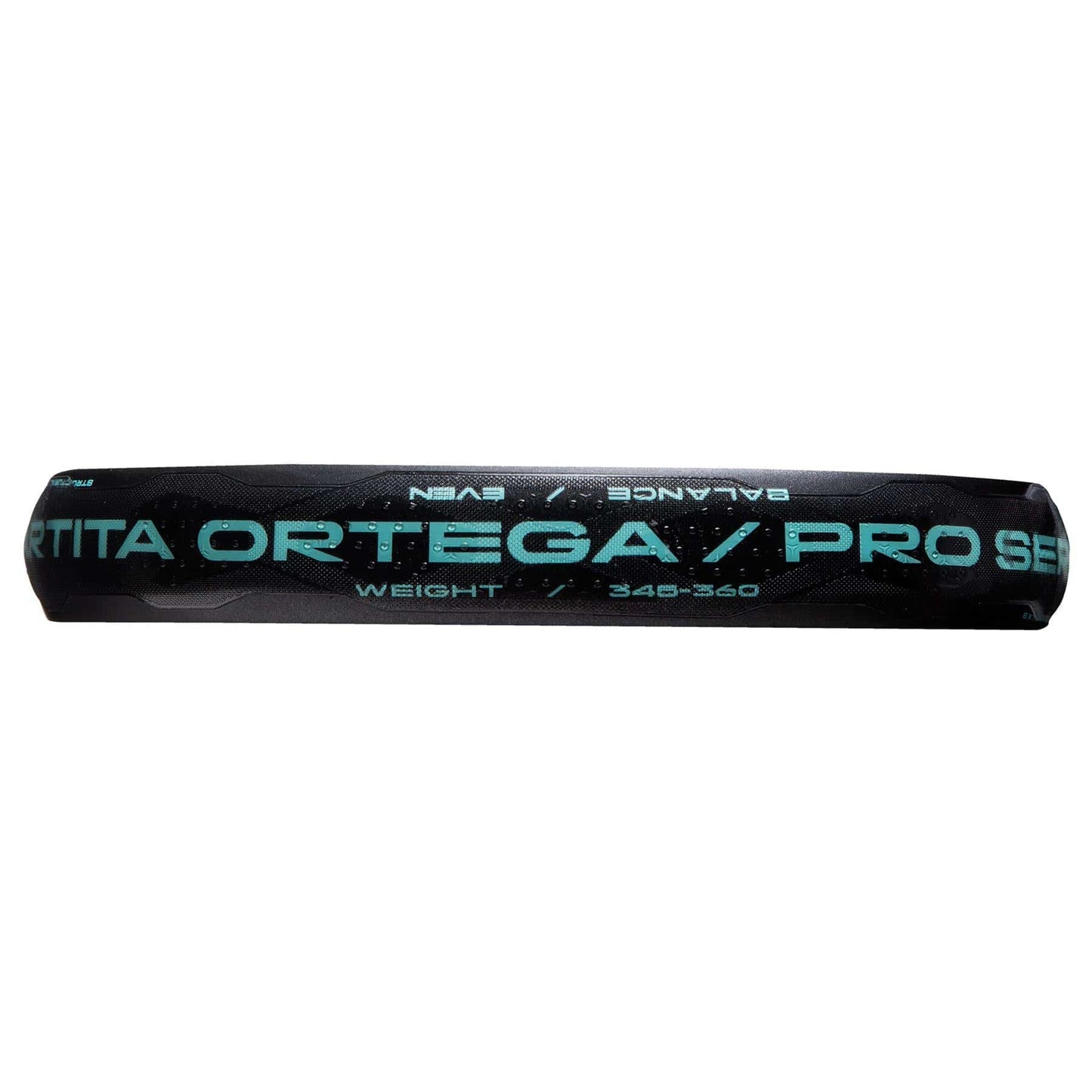 A close-up side view of the adidas ADIDAS Cross It Light Padel Racket, a black, lightweight control racket with "ORTEGA PRO SERIES," "WEIGHT 345-360," and details in teal and white on the frame.