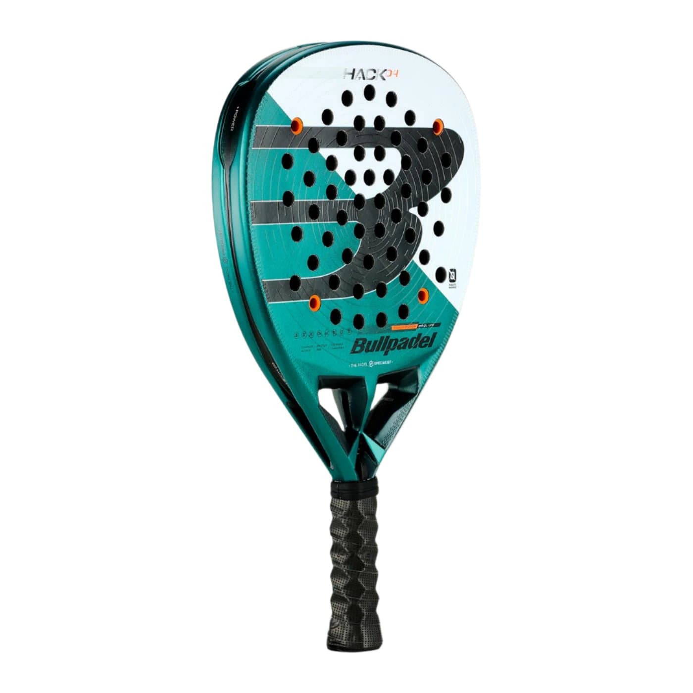 The Bullpadel Hack 04 2025 Padel Racket by Bullpadel features a green and white design with a black grip and perforated face, shown upright on a white background, ideal for players seeking dynamic power.
