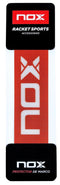 The NOX Protector Padel Racket Protection Strip in red features a bold white NOX logo, strong 3M adhesive tape for secure fit, and comes packaged on black cards labeled "NOX RACKET SPORTS ACCESSORIES" and "NOX PROTECTOR DE MARCO.