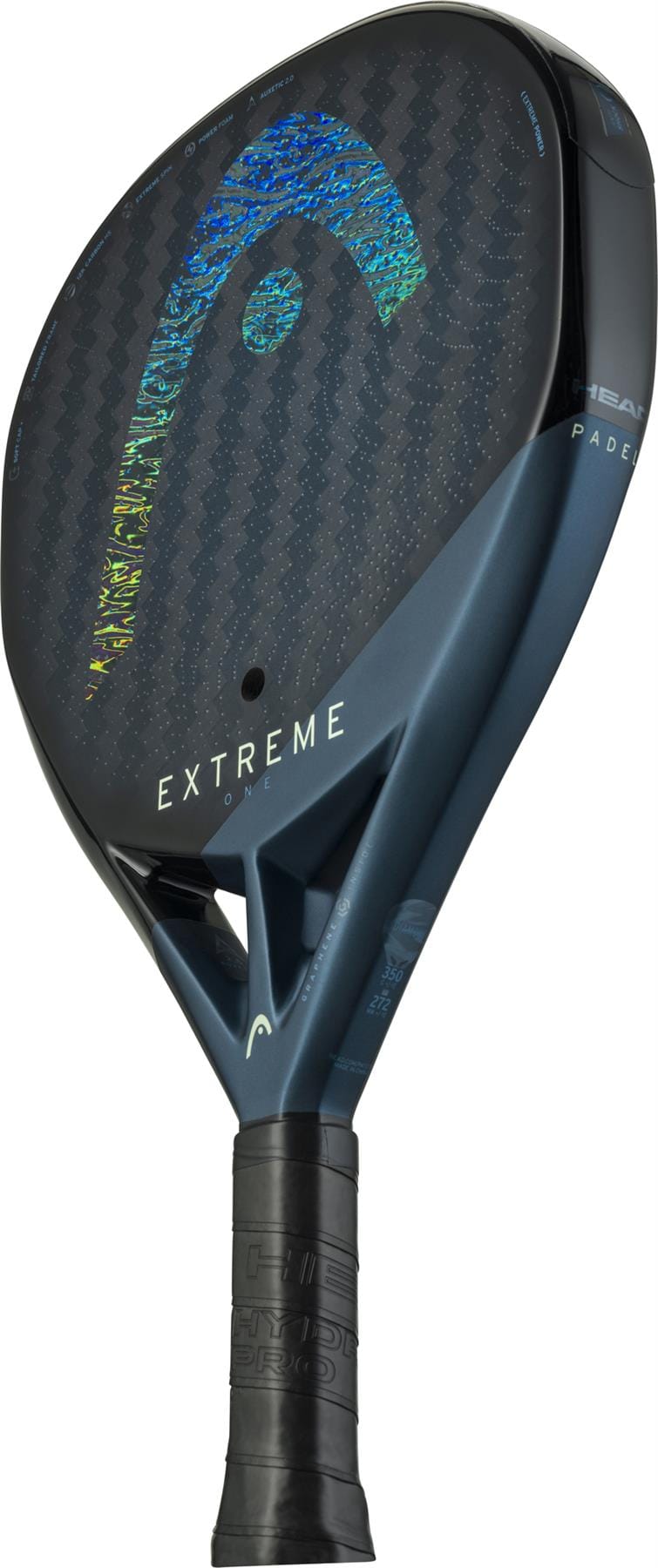 A close-up of the HEAD Extreme One 2025 Padel Racket by HEAD, featuring a 12K Carbon Fibre black face, colorful logo, blue frame, and a black grip-wrapped handle for extreme spin and control.