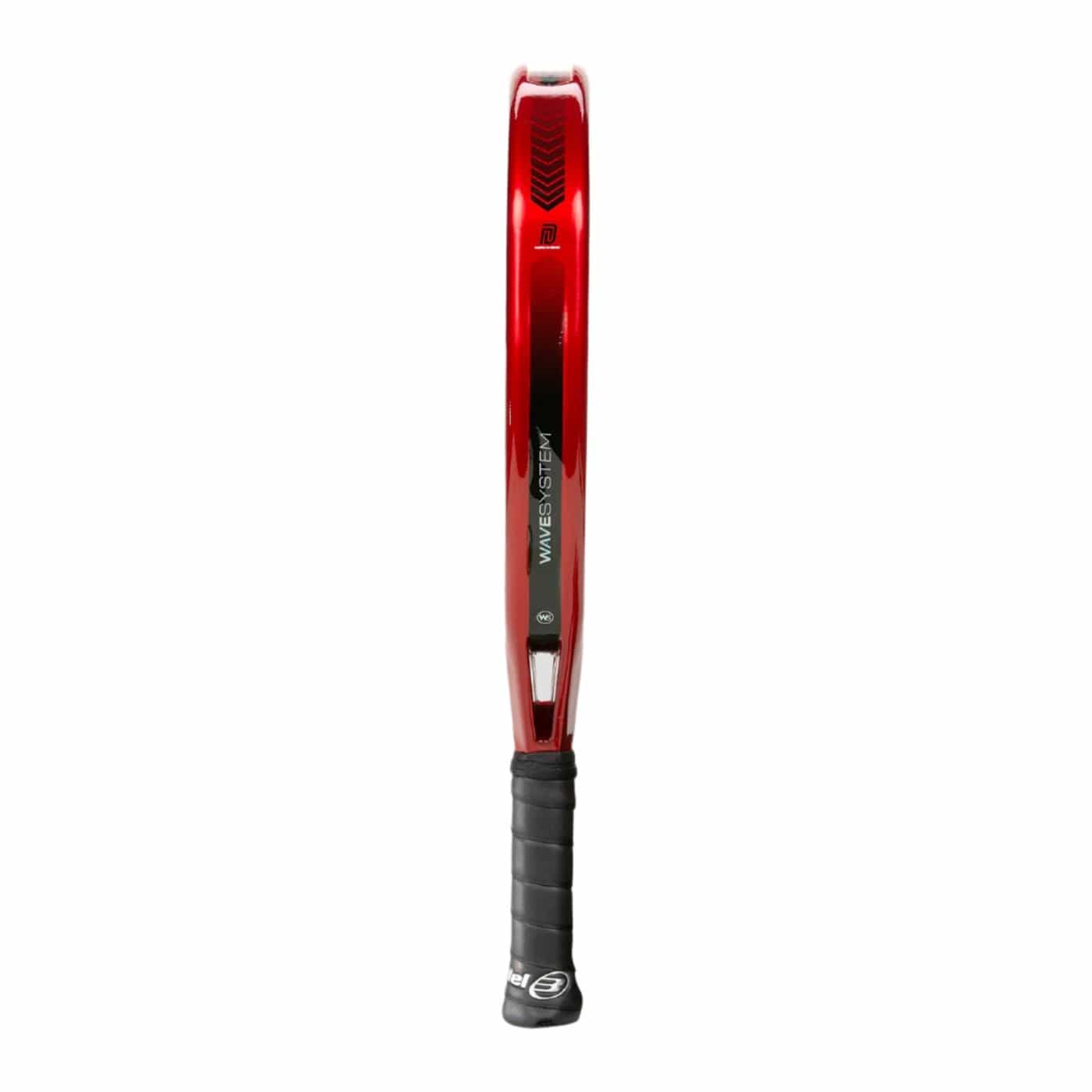 The Bullpadel Xplo Comfort 2025 padel racket, shown from the side, features a red design with a black grip and slim profile. The "WAVESTEEL" text is visible on the shaft, emphasizing its explosive power against a plain white background.