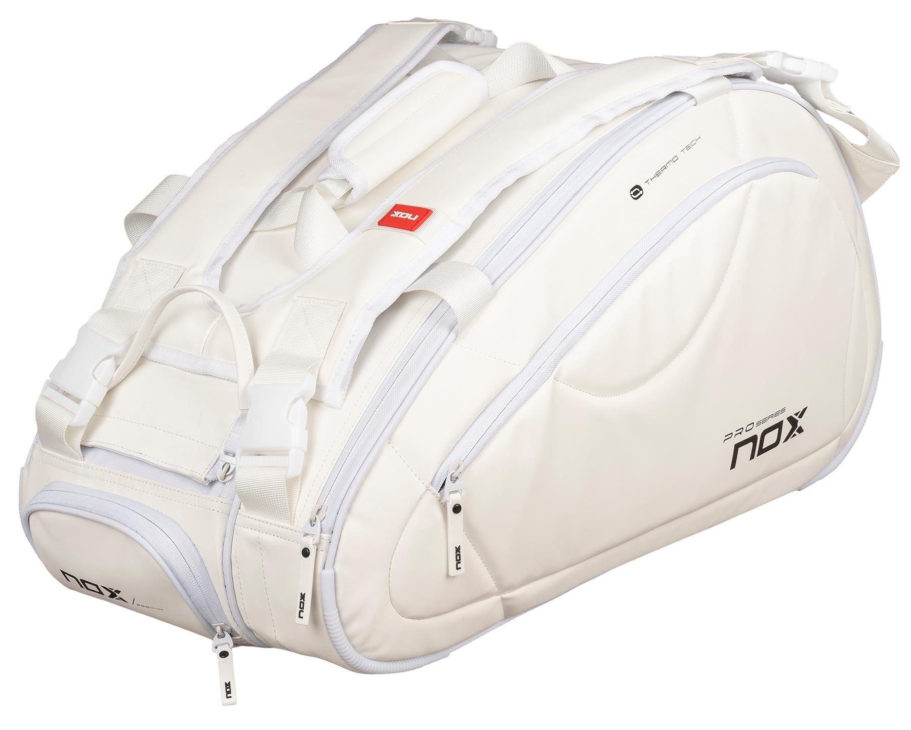 The NOX Pro Series Padel Racket Bag - White is a spacious bag with multiple zippered compartments, padded straps, and ThermoTech technology for extra protection—perfect for carrying athletic gear.