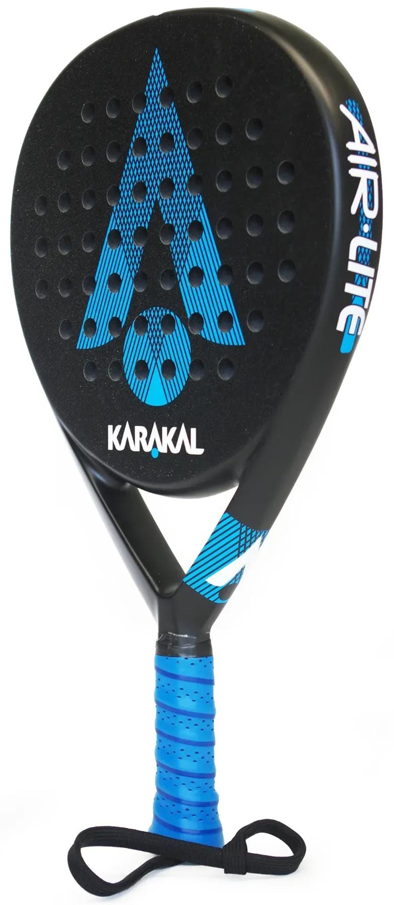 The Karakal Air Lite 345 Blue Padel Racket is a lightweight option with face perforations, a large blue geometric logo, and a blue grip with wrist strap—ideal for beginner players.