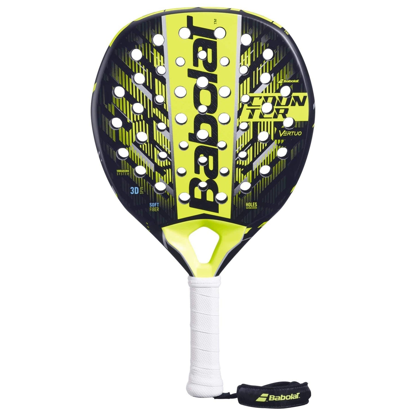 The Babolat Counter Vertuo 2.5 Padel Racket features a black and yellow design, white grip, "Babolat" branding, multiple holes, and a wrist strap for control and power on the court.