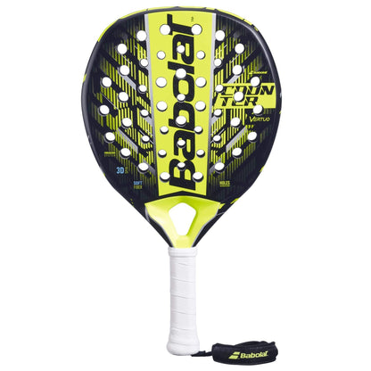 The Babolat Counter Vertuo 2.5 Padel Racket features a black and yellow design, white grip, "Babolat" branding, multiple holes, and a wrist strap for control and power on the court.