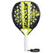 The Babolat Counter Vertuo 2.5 Padel Racket features a black and yellow design, white grip, "Babolat" branding, multiple holes, and a wrist strap for control and power on the court.