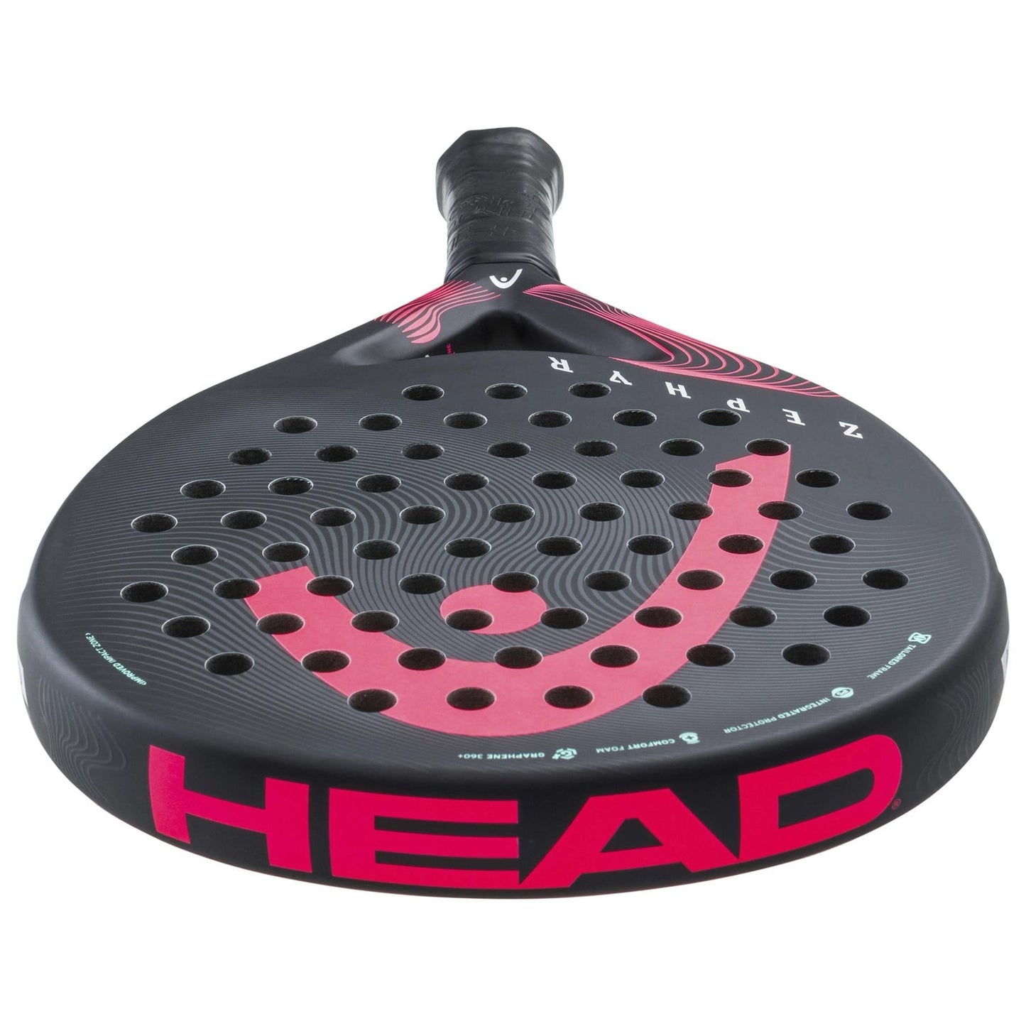 The HEAD Zephyr 2023 Padel Racket by HEAD features a black and red design, perforated face, bold red branding, stylized surface, and advanced Graphene 360+ technology for superior performance.