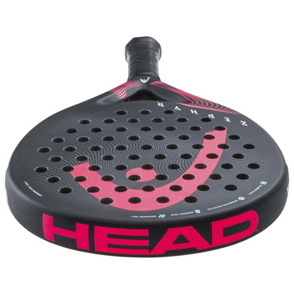 The HEAD Zephyr 2023 Padel Racket by HEAD features a black and red design, perforated face, bold red branding, stylized surface, and advanced Graphene 360+ technology for superior performance.