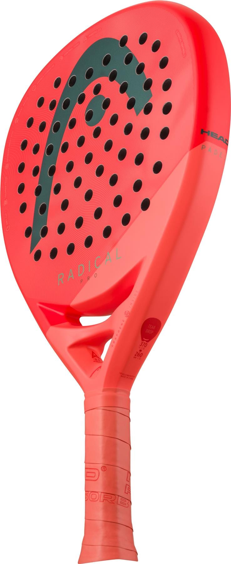 The HEAD Radical Pro 2026 Padel Racket by HEAD features a bright orange design with black perforations, a dark green logo on its face, and orange grip tape on the handle for enhanced control and precision.