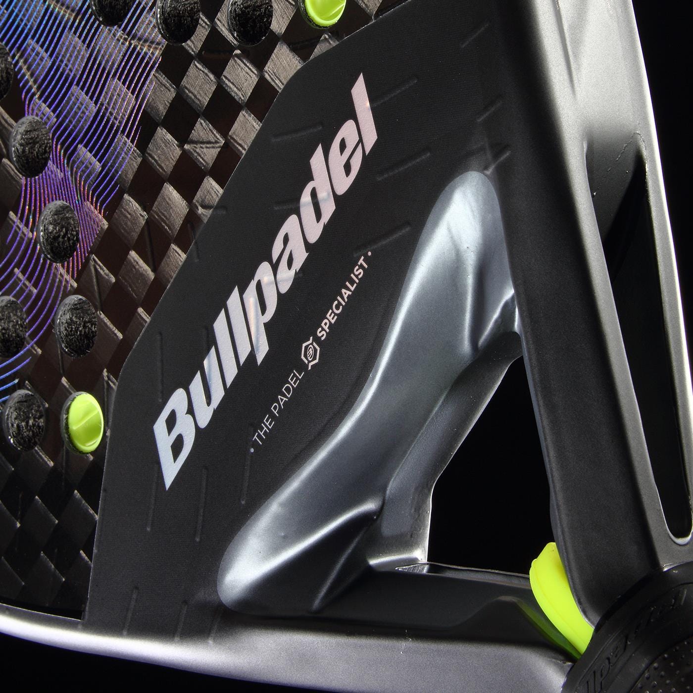Close-up of the Bullpadel XPLO 2026 Padel Racket, featuring the Bullpadel logo, a textured black surface, neon green accents, and metallic reinforcement near the handle for added power.
