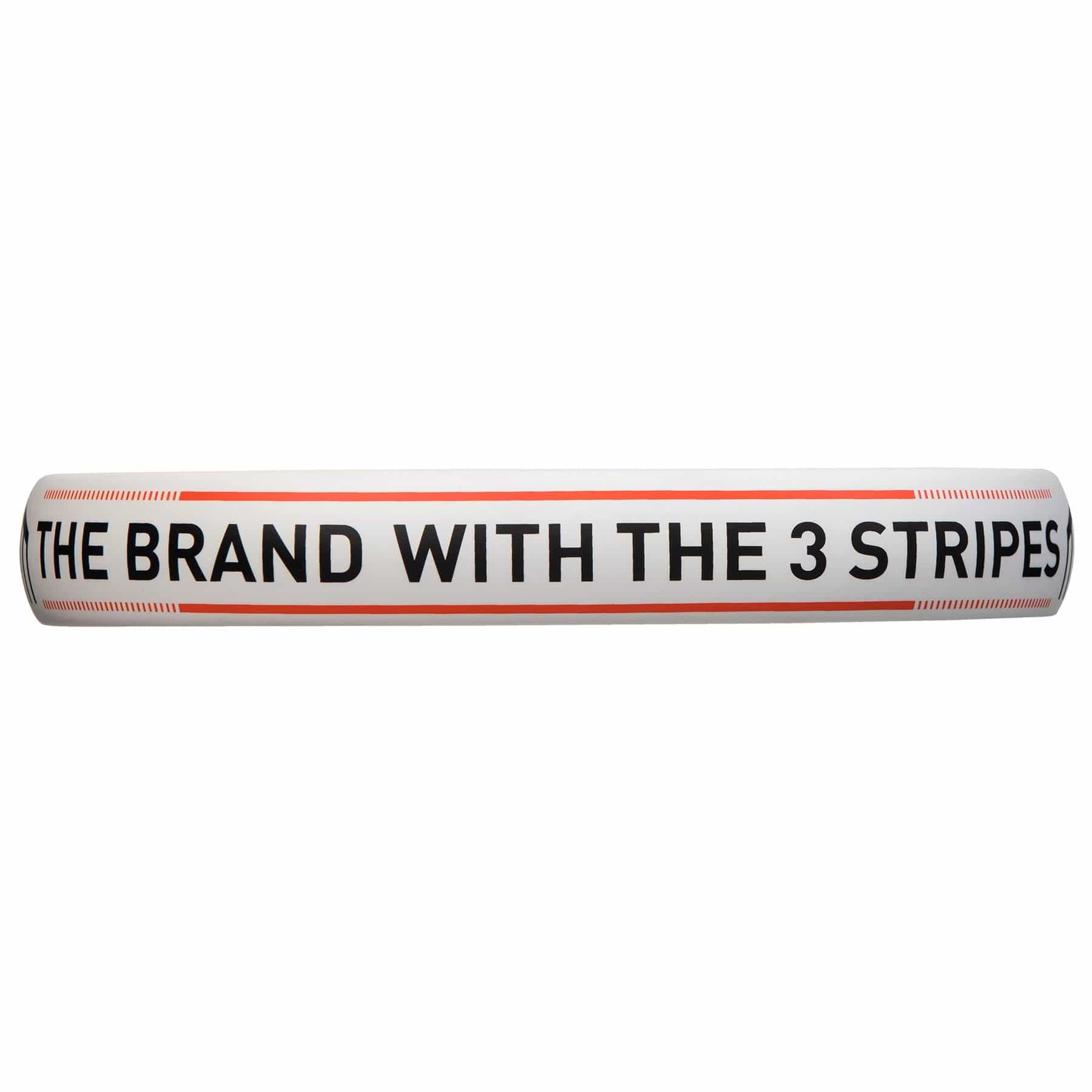 A white inflatable pool float with "THE BRAND WITH THE 3 STRIPES" in bold black letters is ideal for adidas fans or those interested in the ADIDAS Match Light 3.3 Padel Racket, a great beginner padel racket.