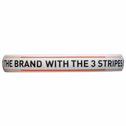 A white inflatable pool float with "THE BRAND WITH THE 3 STRIPES" in bold black letters is ideal for adidas fans or those interested in the ADIDAS Match Light 3.3 Padel Racket, a great beginner padel racket.
