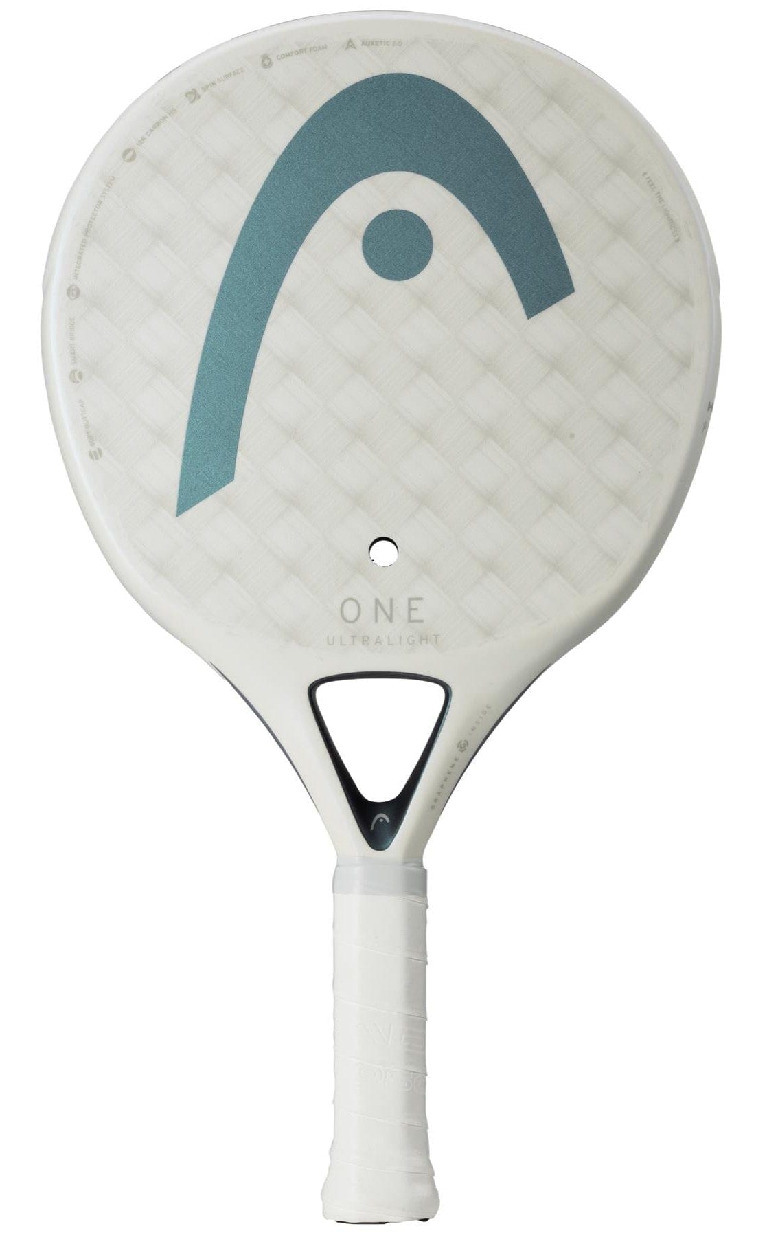 The HEAD One Ultralight White Padel Racket features a white design, light blue curved logo, "ONE ULTRALIGHT" print, textured face, and a white grip—ideal for beginners wanting easy handling.