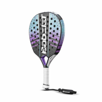 The Babolat Dyna Spirit Padel Racket by Babolat features a white grip, black and purple frame, blue and purple graphics, black wrist strap, and a lightweight teardrop headshape for improved performance.