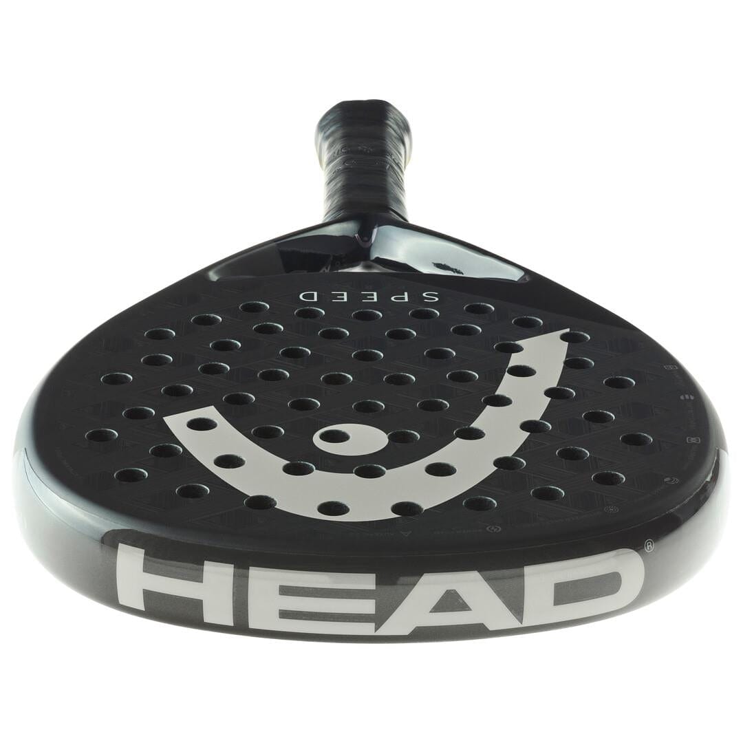 The HEAD Speed Pro 2025 Padel Racket features a black perforated surface with "SPEED" on the face and "HEAD" along the edge near the handle, designed with Auxetic 2.0 technology for enhanced performance.