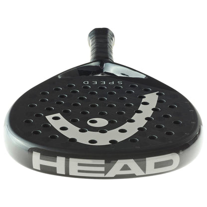 The HEAD Speed Pro 2025 Padel Racket features a black perforated surface with "SPEED" on the face and "HEAD" along the edge near the handle, designed with Auxetic 2.0 technology for enhanced performance.