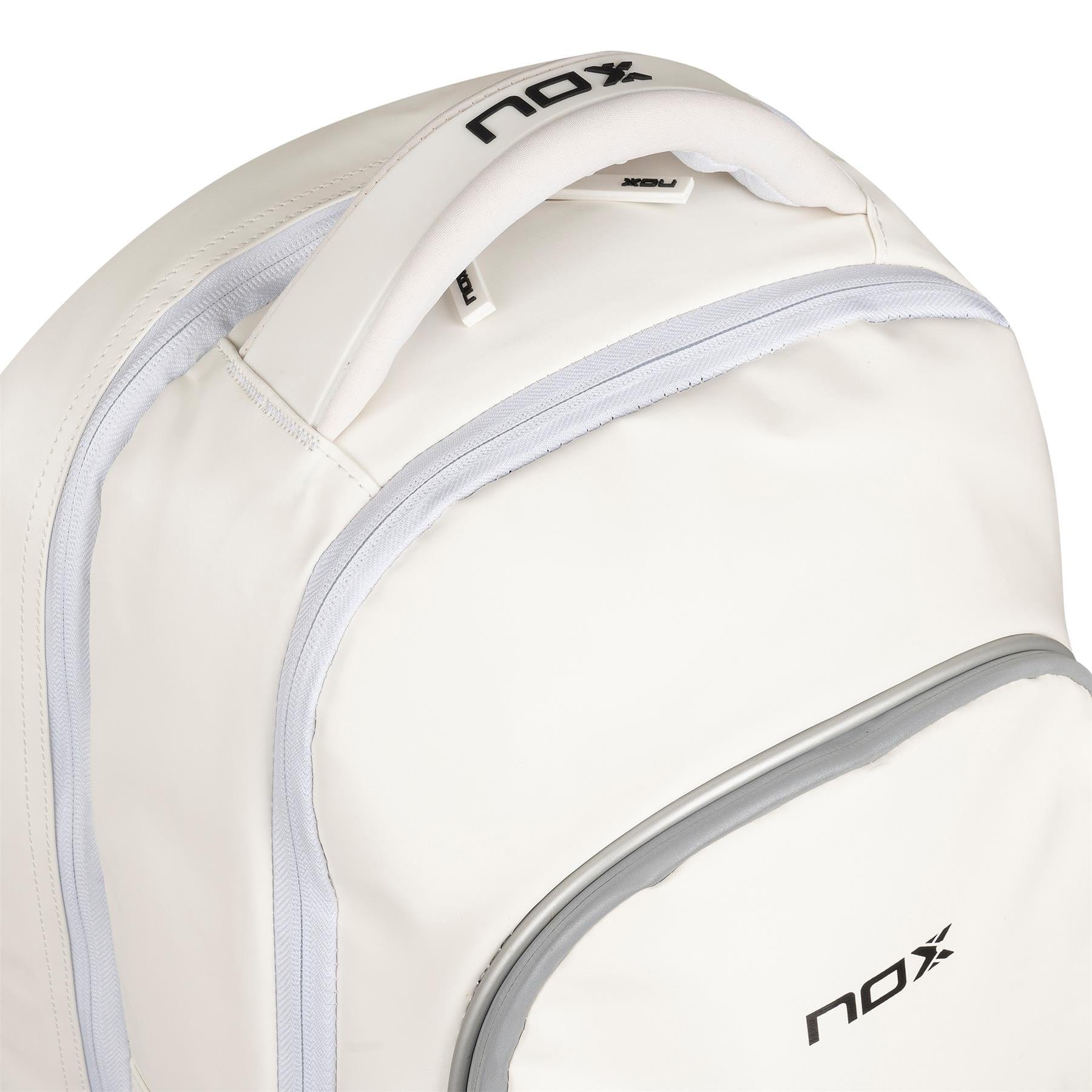 Close-up of the NOX Pro Series Padel Backpack - White by NOX, featuring light gray zippers and trim plus "nox" in black on the handle and front pocket—a stylish choice for padel players on the go.