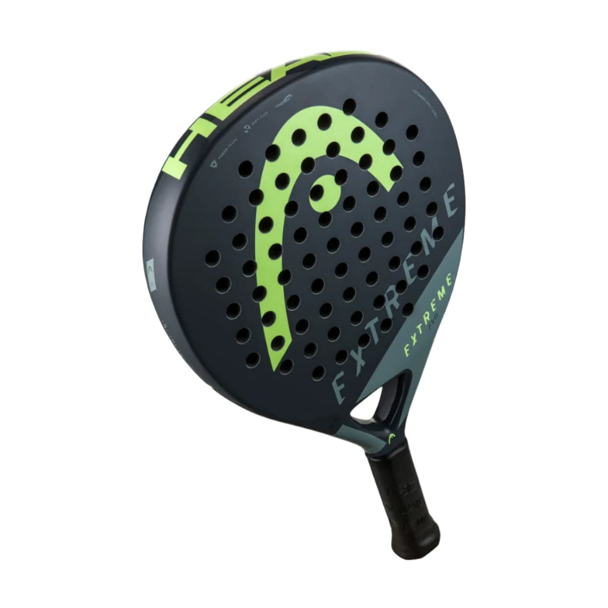 The HEAD Evo Extreme 2023 Padel Racket features a black and neon yellow design, “HEAD” and “EXTREME” on the perforated face, a black handle, and durable Innegra technology for enhanced performance.