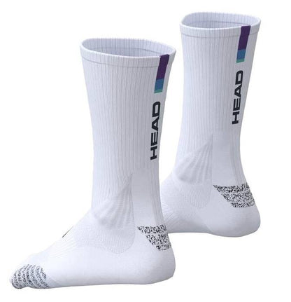 The HEAD Colour Crew Padel Socks - White/Purple feature ribbed texture, the HEAD logo on the side, colored stripes near the top, and textured Nanofront yarn soles for superior grip and support on court.