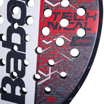 Close-up of the Babolat Technical Veron 2.5 Padel Racket face, with dynamic power, black and red hexagonal patterns, circular holes, and "TECHNICAL VERON" boldly printed in red and white.