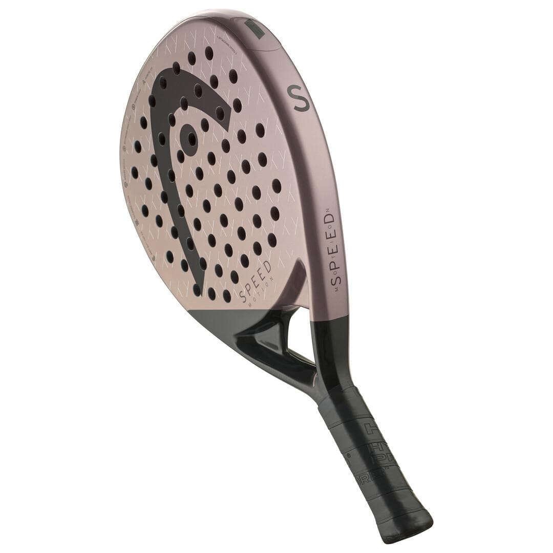A close-up of the HEAD Speed Motion 2025 Padel Racket with a black handle, pale gold face with evenly spaced holes, "SPEED" on the side, and advanced Auxetic 2.0 technology for enhanced performance.