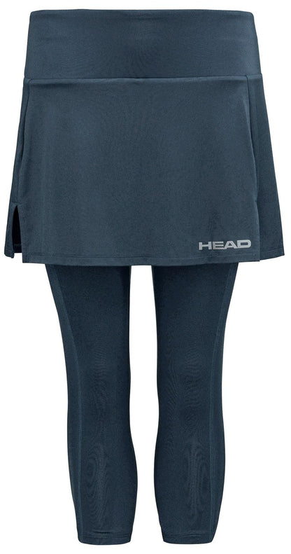 The navy HEAD Club 3/4 Tights Womens Padel Skort combines comfort and style with a skirted design, side slits, and Moisture Transfer Microfibre to keep players cool. The crisp white HEAD logo enhances the left side.