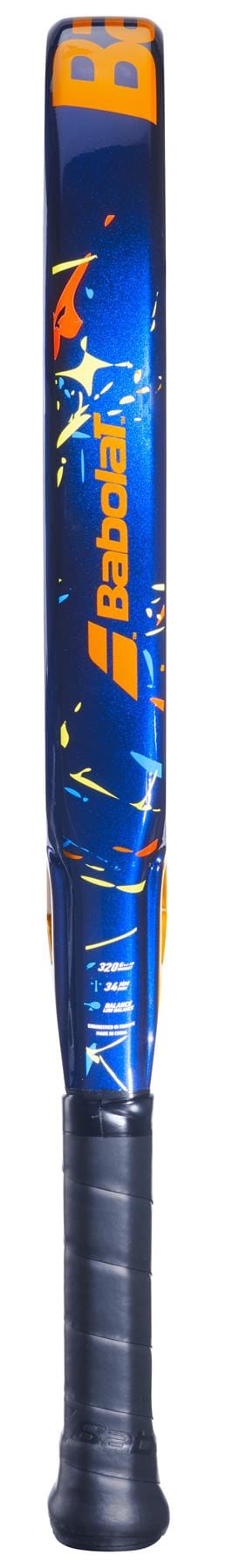 The Babolat Alioth Junior Padel Racket by Babolat is shown vertically with a black handle and colorful blue and orange design, making it an ideal choice for kids.