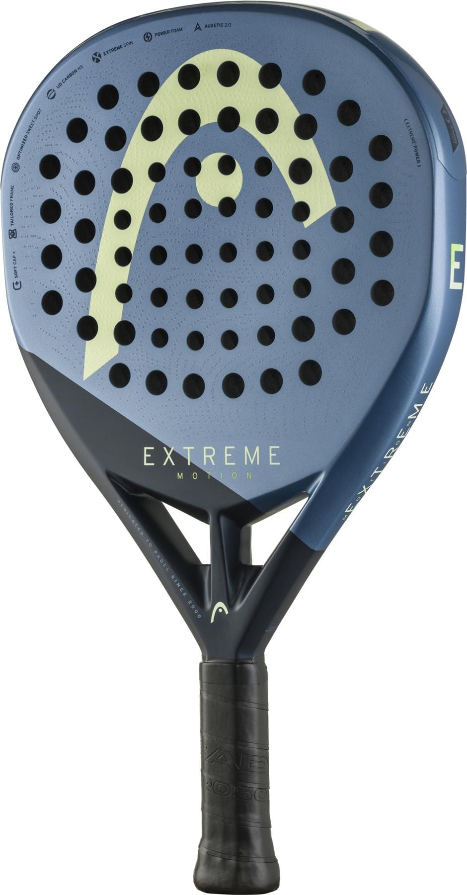 The HEAD Extreme Motion 2025 Padel Racket features a blue and black design with yellow accents, the word "EXTREME" on the face, and a perforated surface—ideal for players wanting a powerful padel racket.