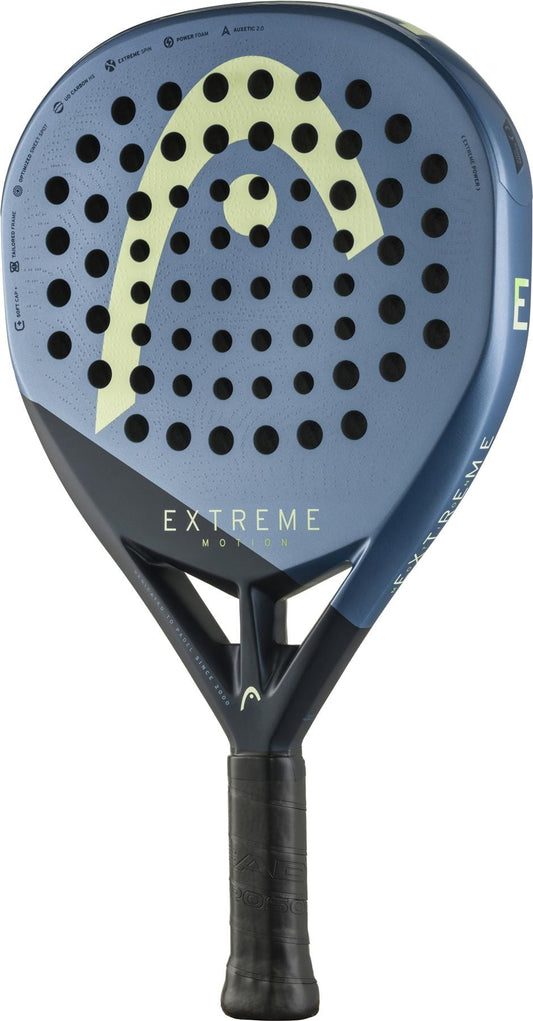 The HEAD Extreme Motion 2025 Padel Racket features a blue and black design with yellow accents, the word "EXTREME" on the face, and a perforated surface—ideal for players wanting a powerful padel racket.