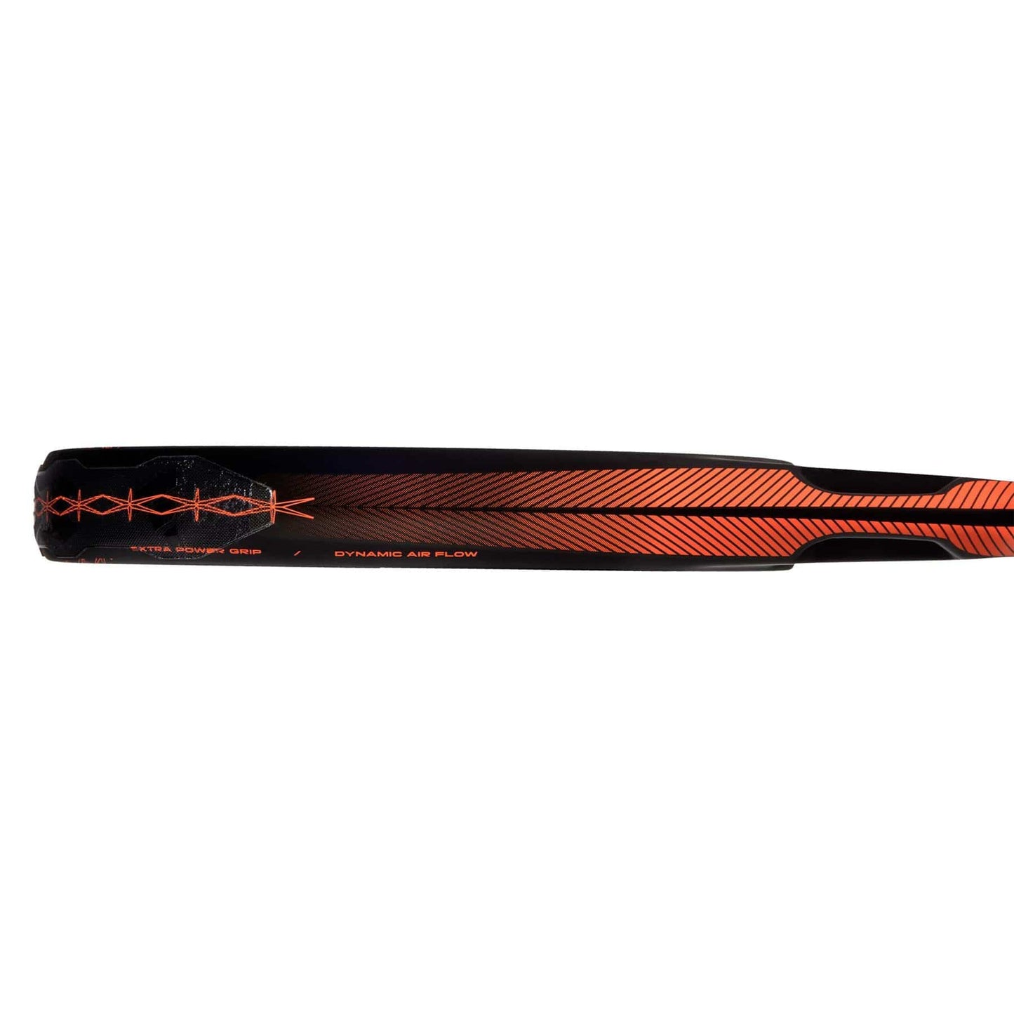 Close-up of the adidas ADIDAS Cross It CTRL Padel Racket, showcasing its black and red design with diagonal orange stripes and geometric details, featuring the text “Extra Boost Grip” and “Dynamic Air Flow.”.