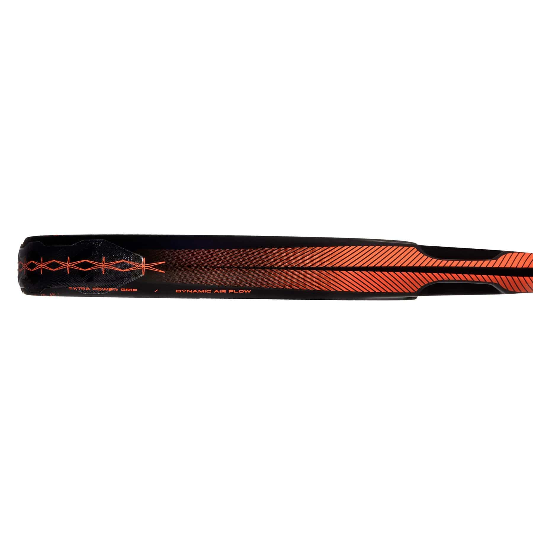 Close-up of the adidas ADIDAS Cross It CTRL Padel Racket, showcasing its black and red design with diagonal orange stripes and geometric details, featuring the text “Extra Boost Grip” and “Dynamic Air Flow.”.