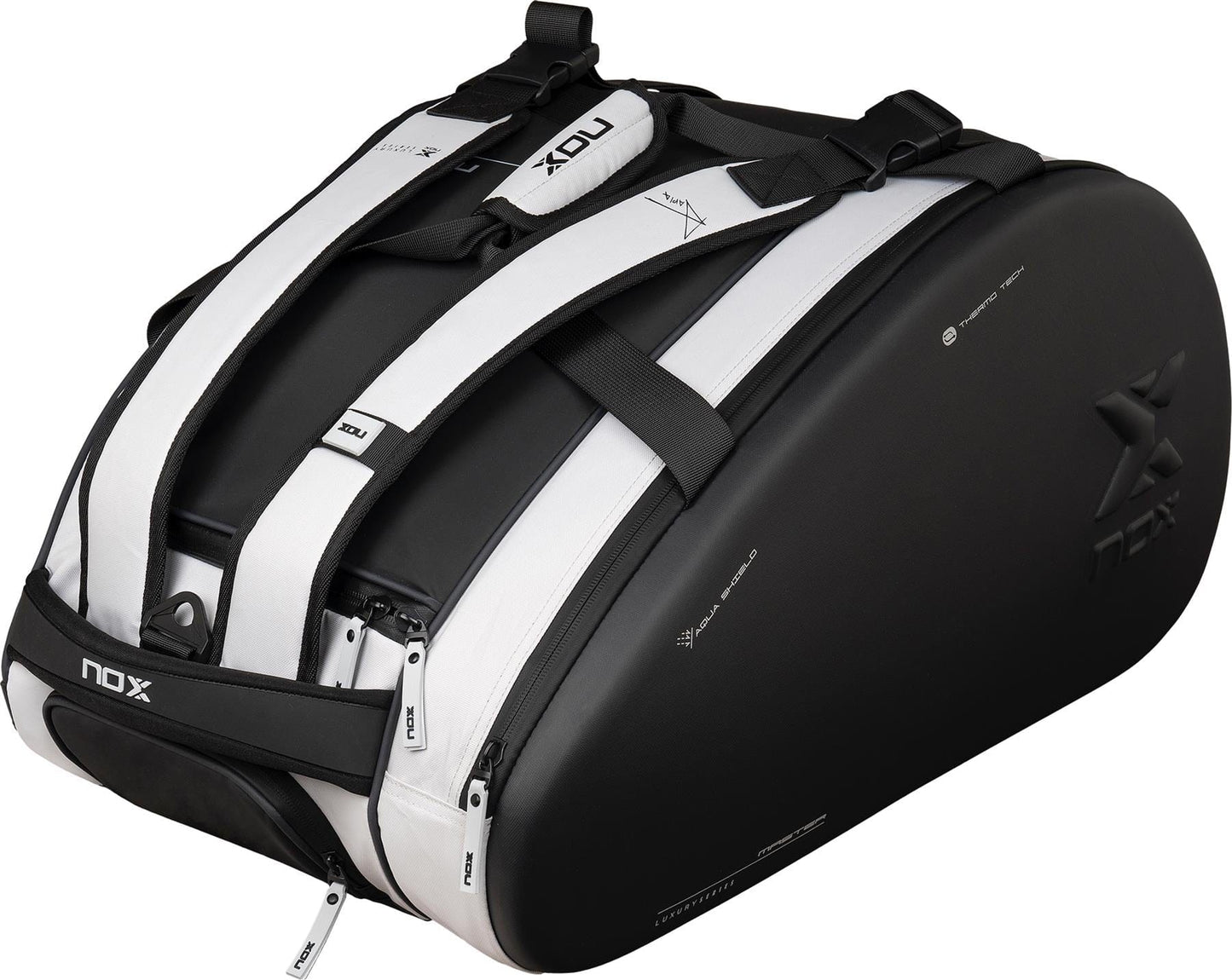 The NOX Luxury Master Series Padel Racket Bag in black and white, featuring multiple straps and zippers with the NOX logo, is designed for carrying padel gear—ideal for players seeking style and functionality.