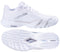The Babolat Premura 3 Womens Padel Shoes in White/Silver are displayed from the side and sole, showcasing their textured grip pattern and the Babolat logo.