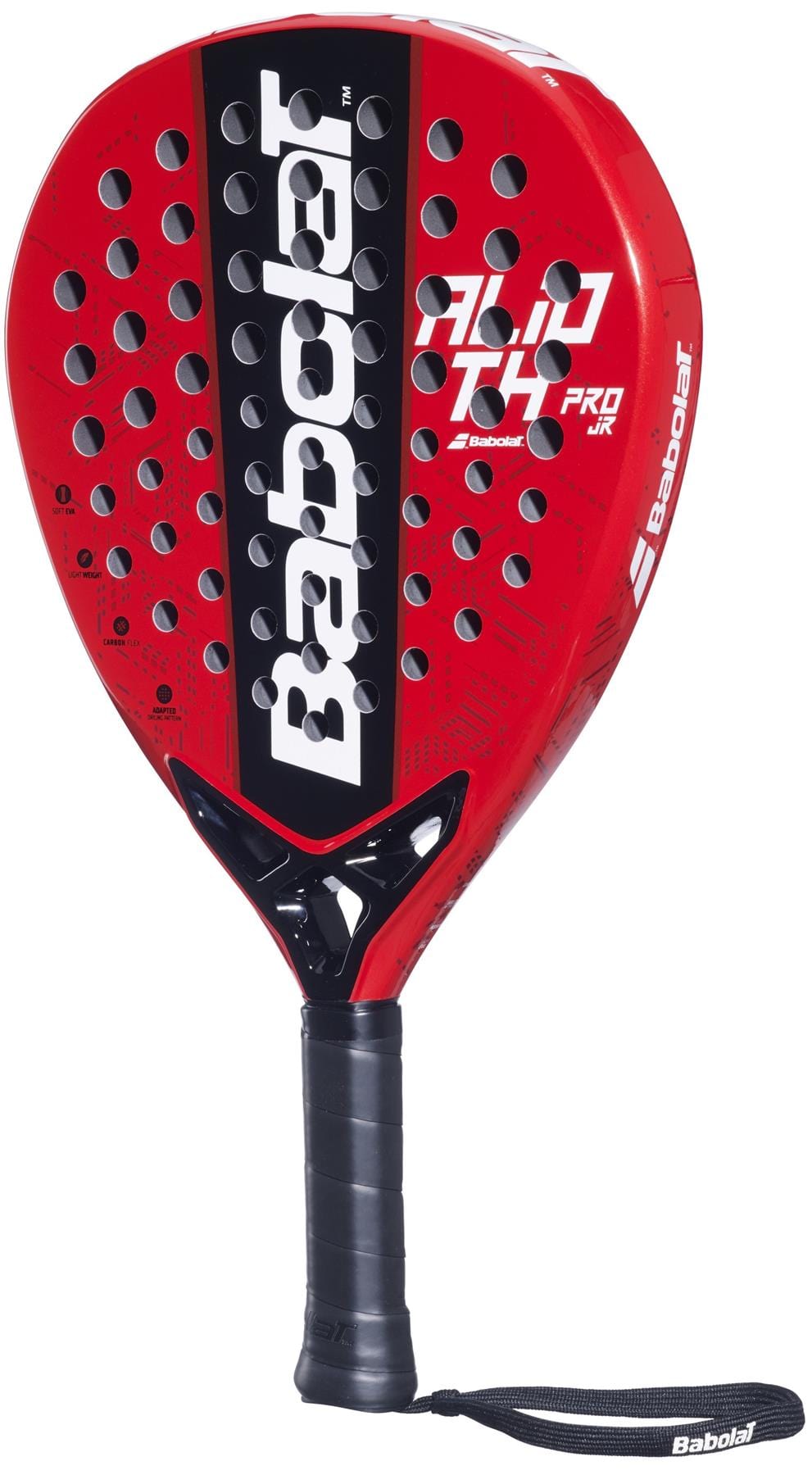The Babolat Alioth Pro Junior Padel Racket is a red junior racket with black and white accents, multiple holes in the head, "Babolat" printed vertically, and a black grip-wrapped handle.