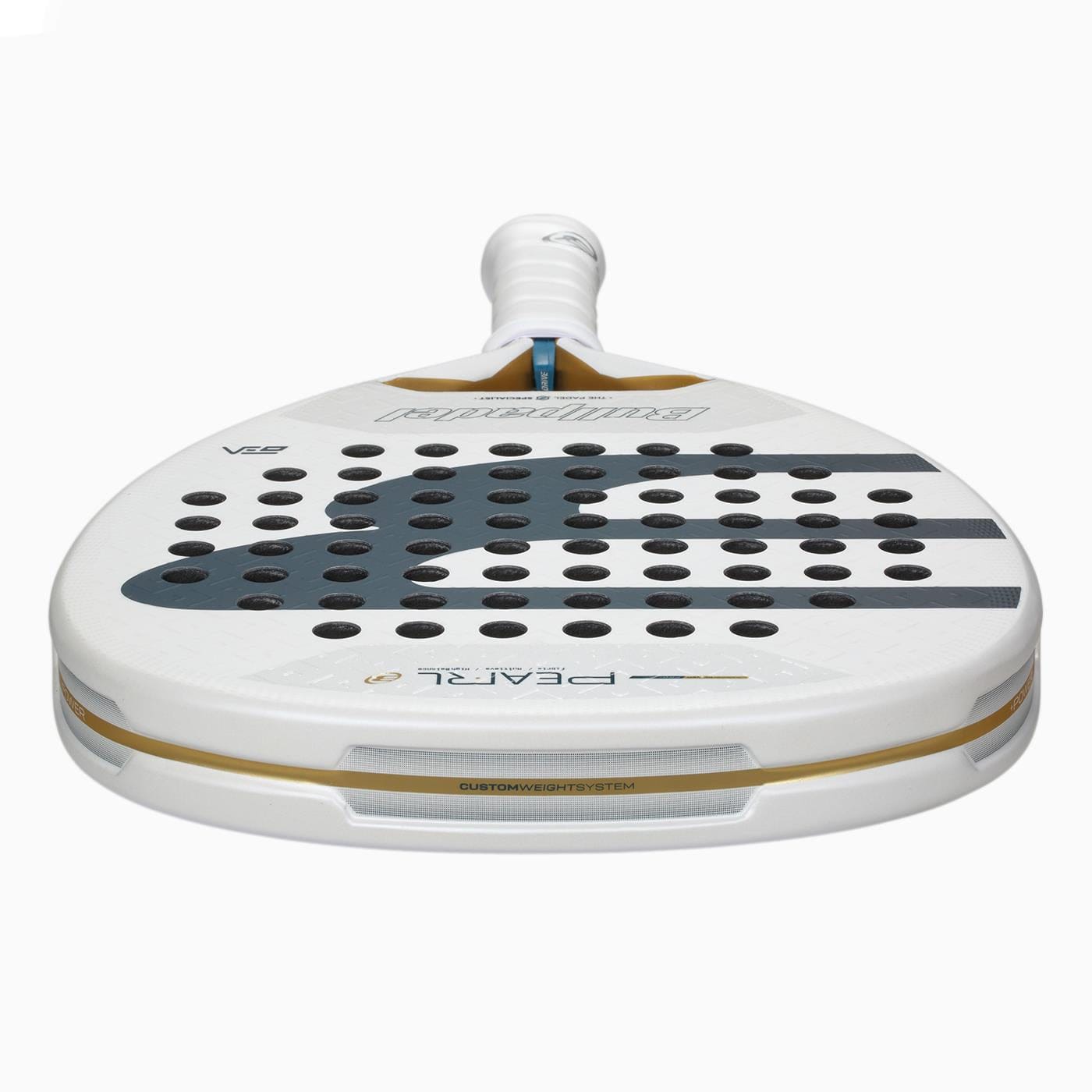 A close-up, front view of the Bullpadel Pearl 2026 Padel Racket by Bullpadel, a lightweight racket with black circular holes, grey and black graphics, and "PEARL" branding, designed to reduce arm fatigue against a plain white background.
