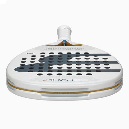 A close-up, front view of the Bullpadel Pearl 2026 Padel Racket by Bullpadel, a lightweight racket with black circular holes, grey and black graphics, and "PEARL" branding, designed to reduce arm fatigue against a plain white background.