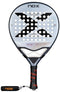The NOX AT10 Pro Cup Comfort By Agustin Tapia 2025 Padel Racket features a bold large “X” design, circular holes, black grip with red accents, Smartstrap® wrist strap on the handle, and sleek silver, black, and red details.